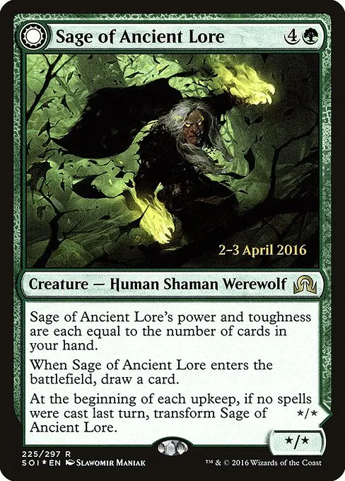 Sage of Ancient Lore // Werewolf of Ancient Hunger · Shadows over Innistrad Promos 225s/90