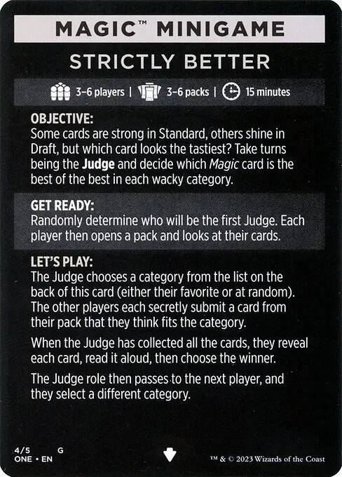 Strictly Better // Strictly Better (cont'd) · Phyrexia: All Will Be One Minigames 4/5