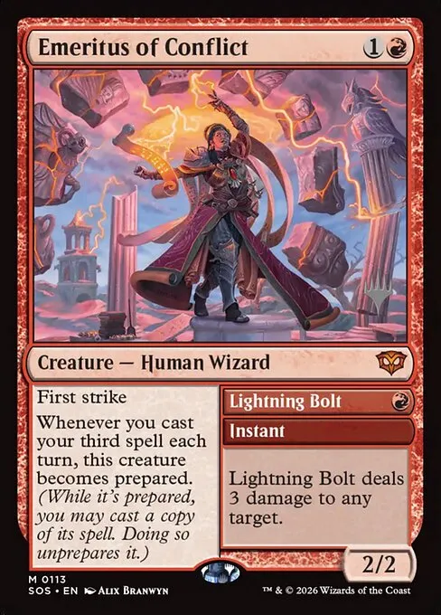 Emeritus of Conflict // Lightning Bolt · Secrets of Strixhaven Promos 113p/80