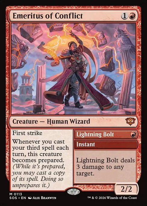 Emeritus of Conflict // Lightning Bolt · Secrets of Strixhaven 113/368