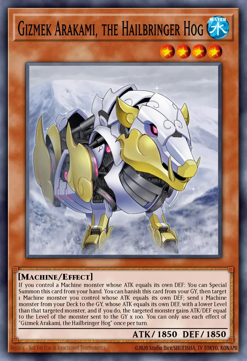 Gizmek Arakami, the Hailbringer Hog · Dawn of Majesty Premiere! promotional card 59789370/1